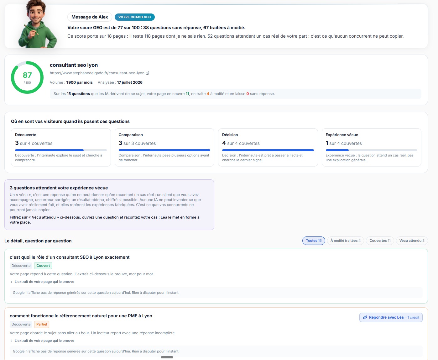 Détail du query fan-out d'une page : 15 sous-questions dérivées, réparties en découverte, comparaison, décision et expérience vécue