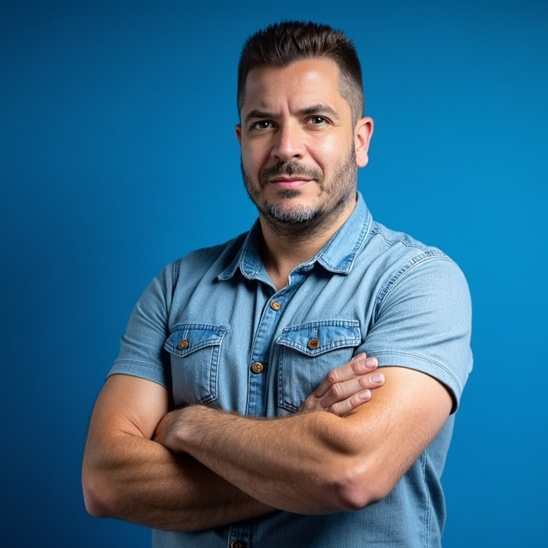Stéphane Delgado, Consultant SEO, les bras croisés, chemise bleu clair.