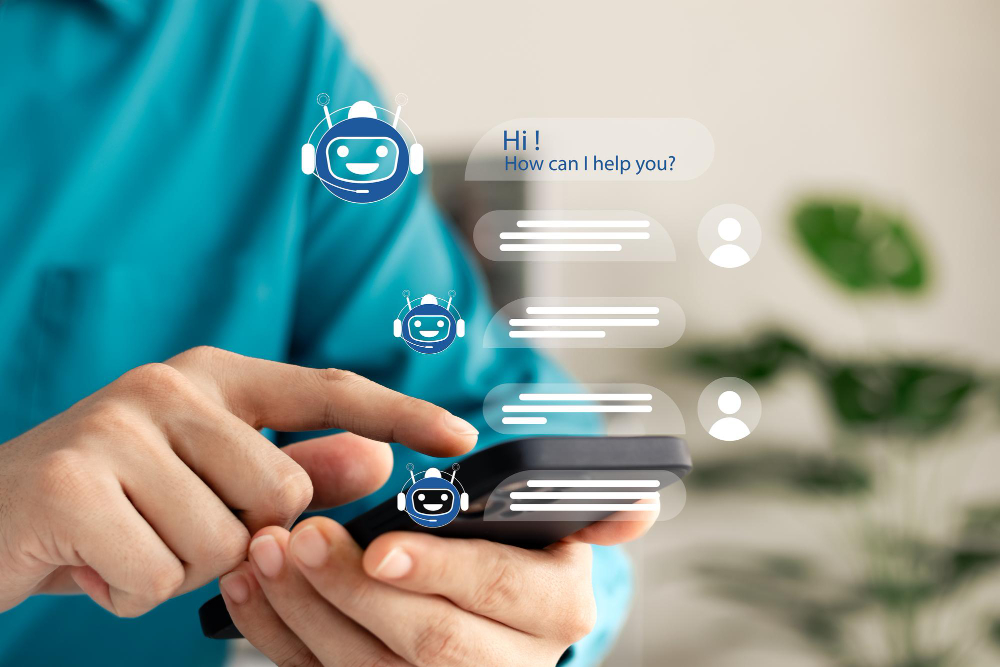 Personne utilisant un smartphone avec interface de chatbot affichée.
