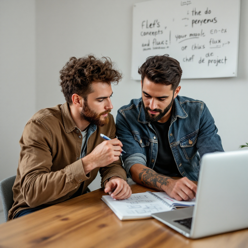 Deux hommes discutant de notes devant un ordinateur portable.