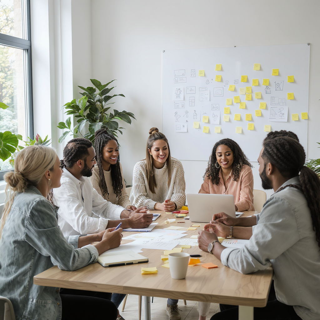 Groupe de personnes collaborant autour dune table avec un ordinateur portable pour l'agence de communication à Bordeaux