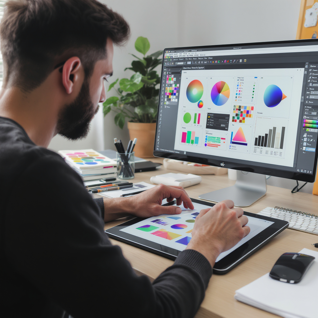 Designer graphique travaillant sur des graphiques colorés sur ordinateur et tablette.