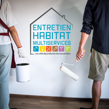 Deux personnes peignant un mur blanc, logo Entretien Habitat Multiservices.