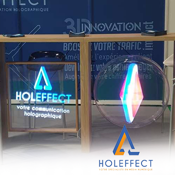 Stand de communication holographique avec logo Holeffect et affichage lumineux.