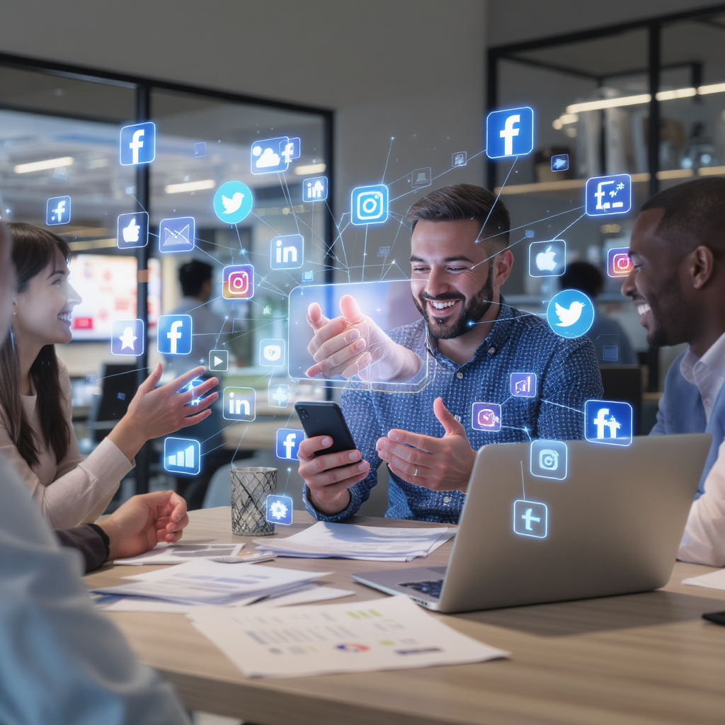 Professionnels discutant de réseaux sociaux autour dune table de réunion.