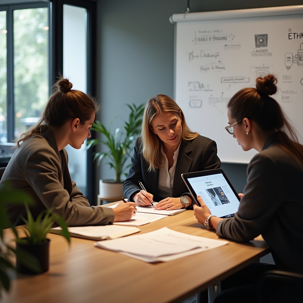 Trois femmes en réunion professionnelle autour dune table avec documents.
